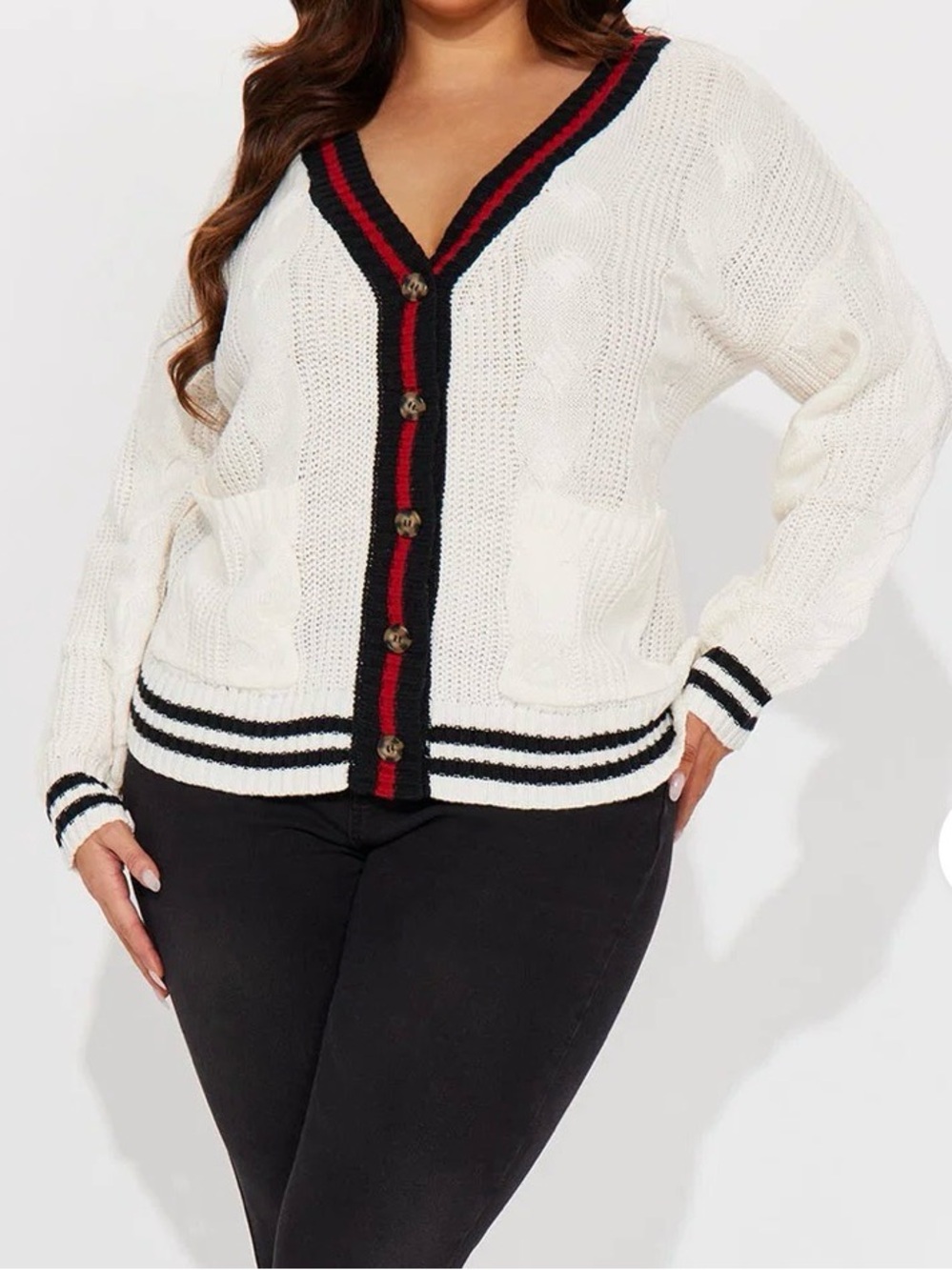 Fashion Nova White Cable Knit Cardigan with Black & Red Trim